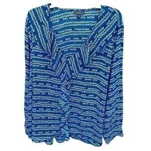 The Limited Signature sheer v neck button up ruffle waterfall neck 3X Blue White